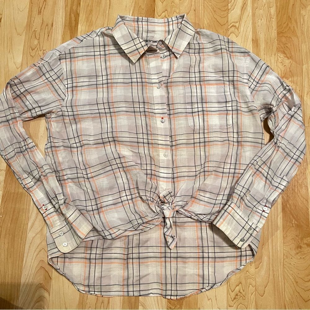 Elizabeth and James Plaid Tan Tie Button Up Women’s Small
